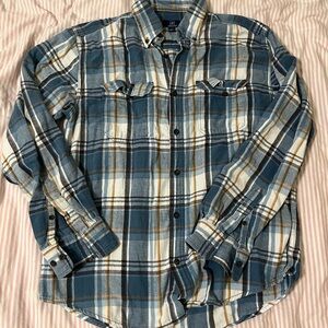 George Blue and Tan Plaid Button-Down Shirt Medium Size
